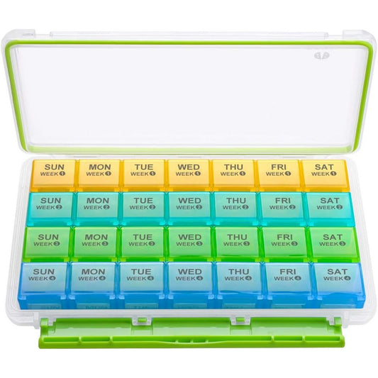 BUG HULL Monthly Pill Organizer front view showing the protective outer case and four color-coded weekly rows