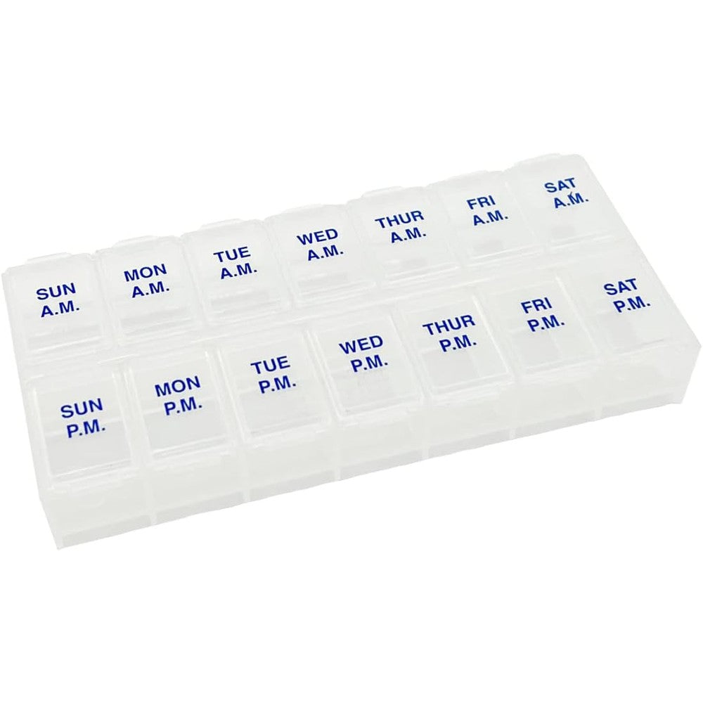 Ezy Dose Weekly Seven Day AM PM Pill Organizer front view showing fourteen translucent compartments