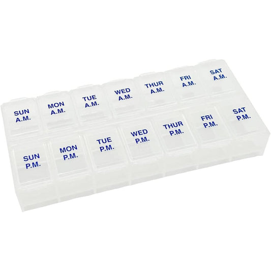 Ezy Dose Weekly Seven Day AM PM Pill Organizer front view showing fourteen translucent compartments