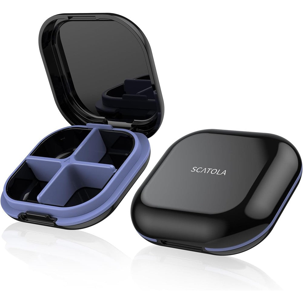 TecQach daily pill organizer front view showing compact black design for travel medicine storage.