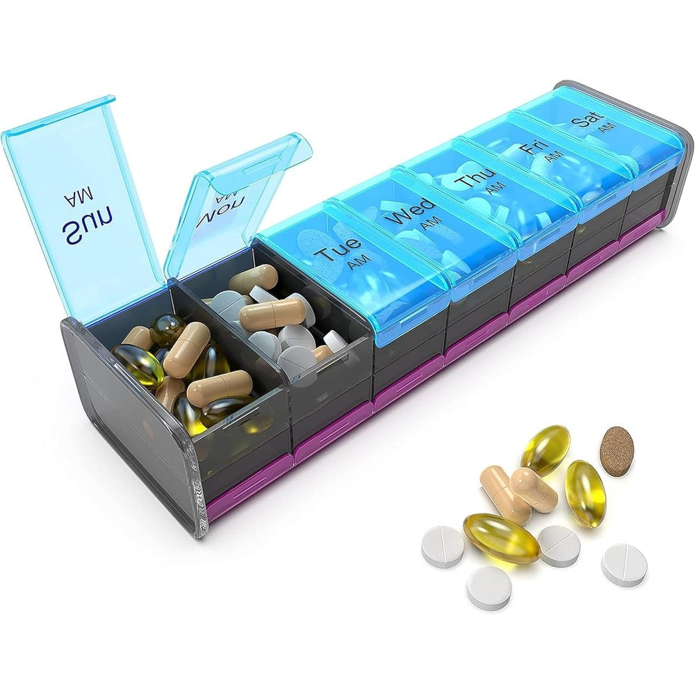 BEXEEN extra large weekly pill organizer front view showing double sided am pm compartments
