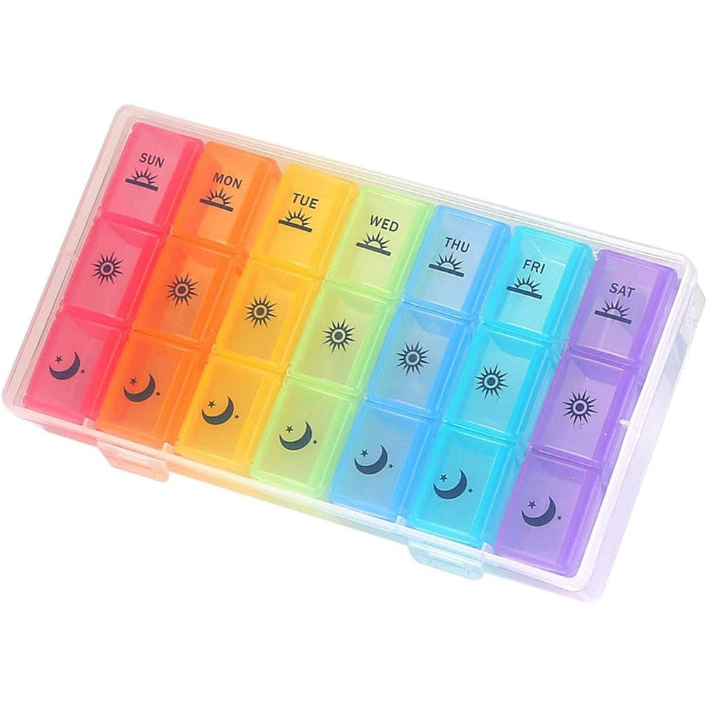 SE7EN-DAY weekly pill organizer front view showing multicolour compartments