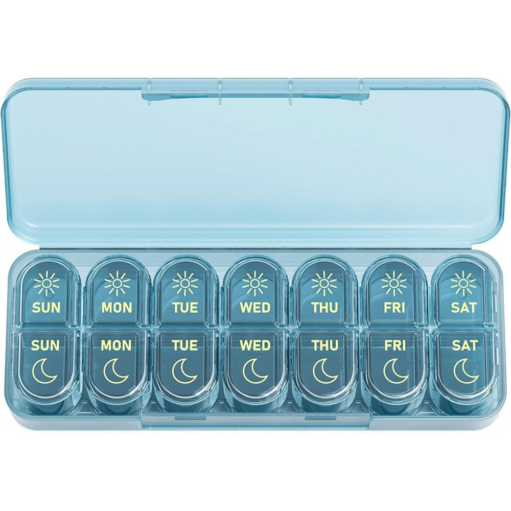 Daviky Weekly Pill Organizer front view showing 7 day AM PM compartments