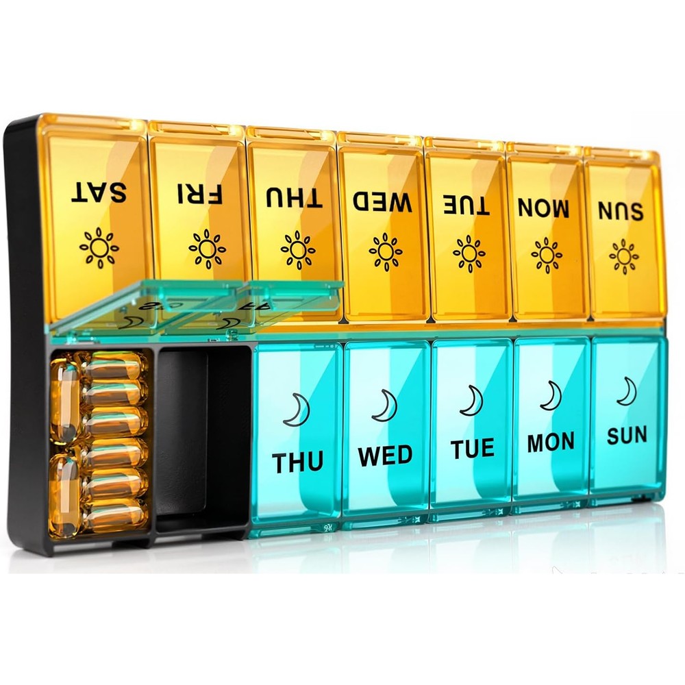 Mossime XL large daily pill organizer front view showcasing 14 colorful translucent compartments.