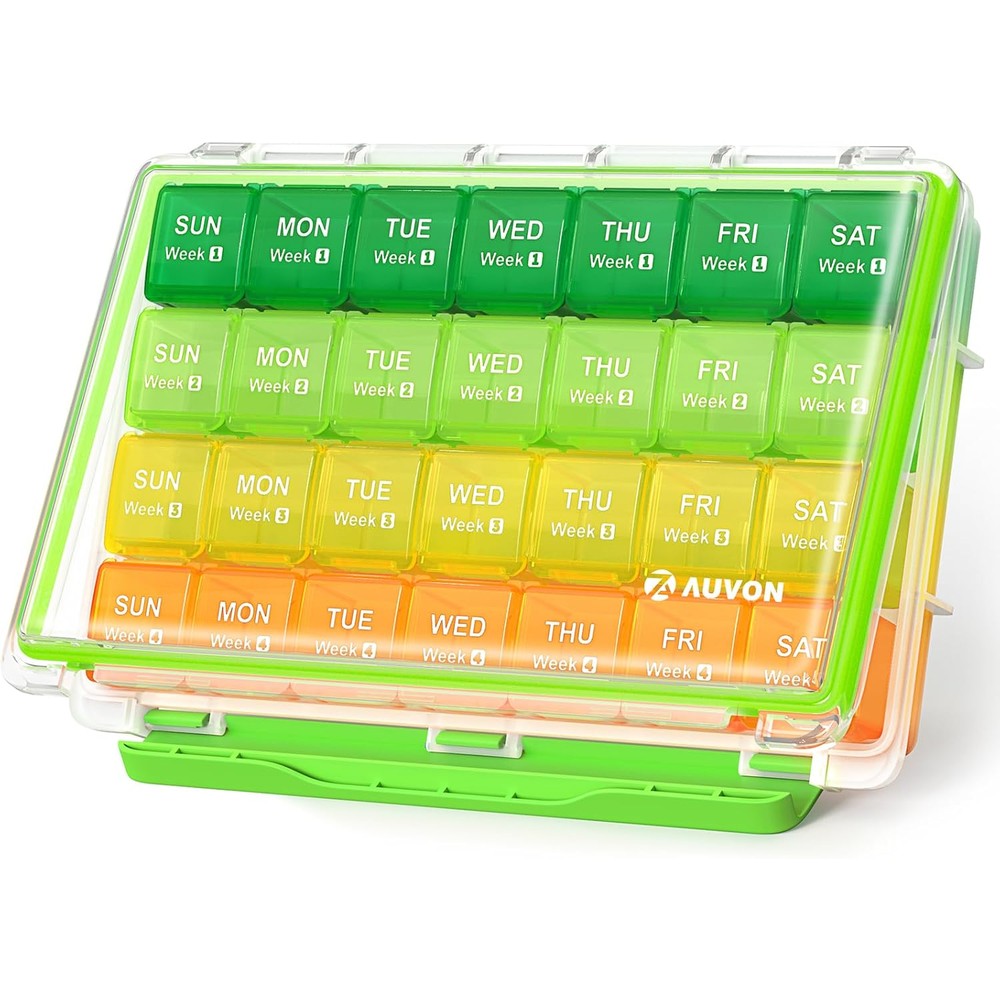 AUVON monthly pill organizer moisture proof container front view showing four colorful weekly rows