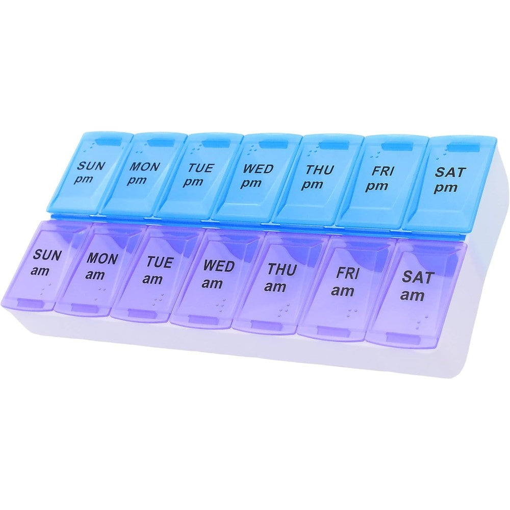 ShysTech 7 day weekly AM PM pill organizer front view showcasing purple morning and blue evening rows.