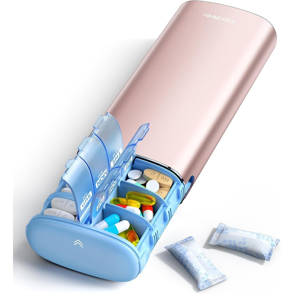 Vaydeer metal weekly pill organizer rose gold front view showing sleek premium aluminum finish.