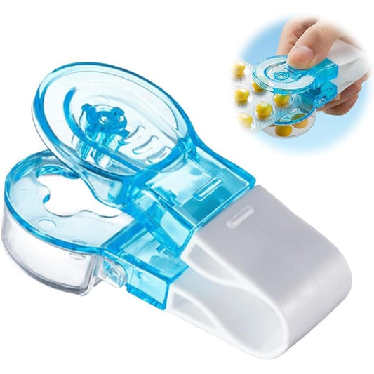 Fuiyuqa portable pill taker front view showing the ergonomic white and blue touchless extraction design
