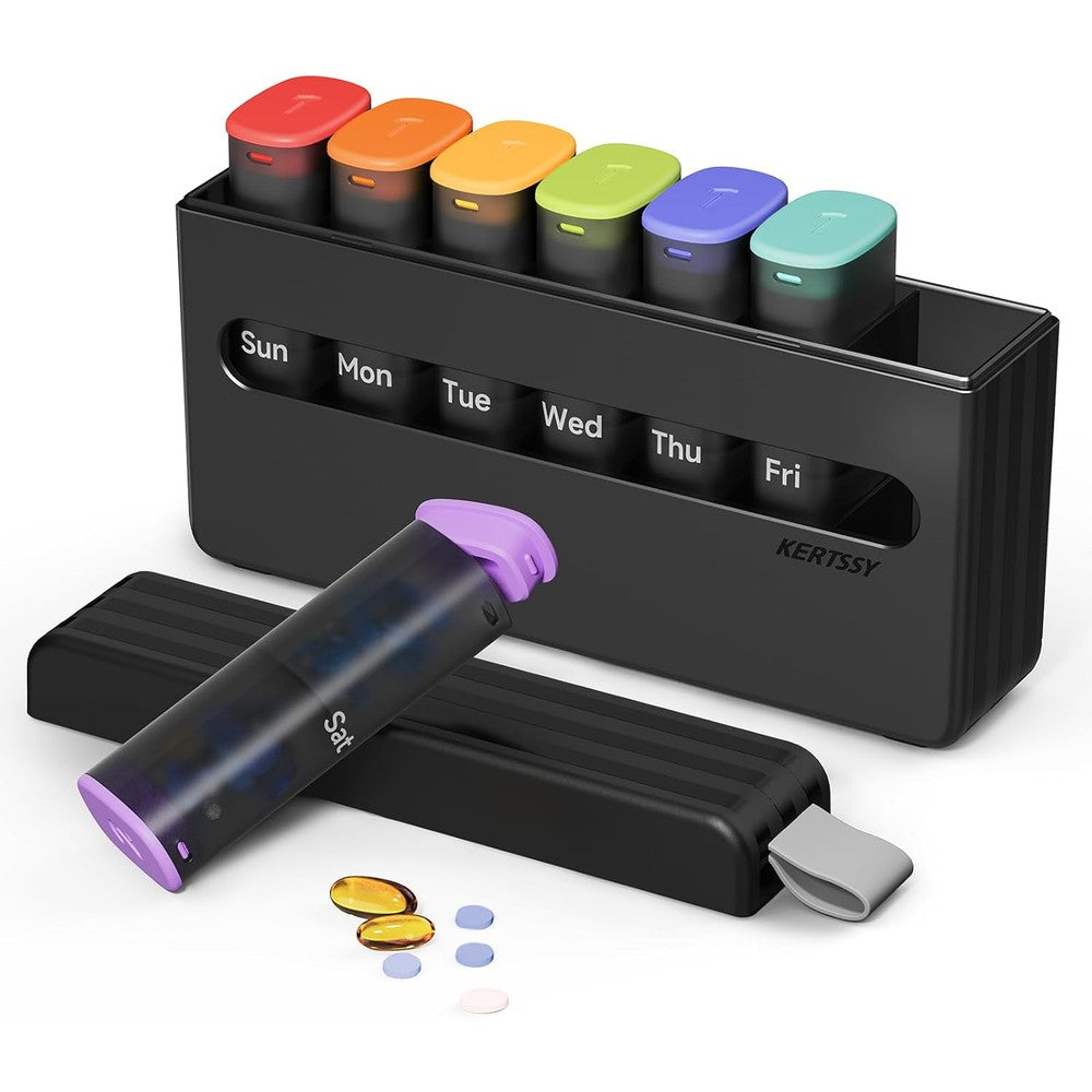 KERTSSY weekly pill organizer front view showcasing the fourteen translucent black compartments.