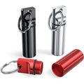 TecQach small portable pill box keychain 3 pack front view showing black silver and red aluminium containers.