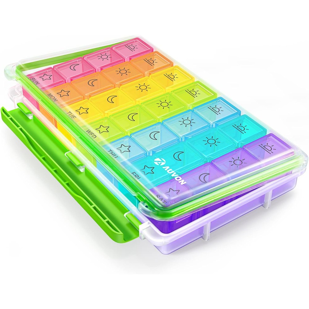 AUVON iMedassist weekly pill organizer front view showing seven day color coded removable containers