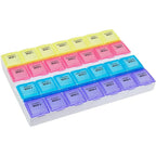 EZY DOSE Monthly 28-Day Pill Case front view showcasing color-coded weekly rows for medicine organization.