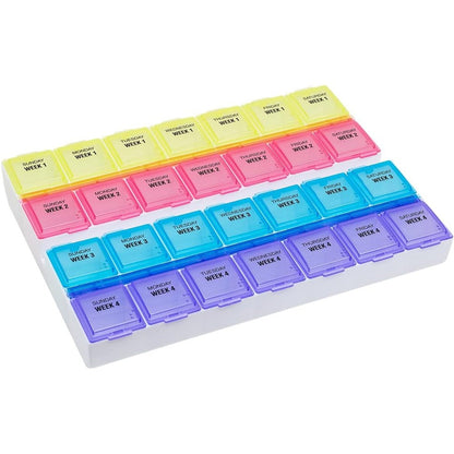 EZY DOSE Monthly 28-Day Pill Case front view showcasing color-coded weekly rows for medicine organization.