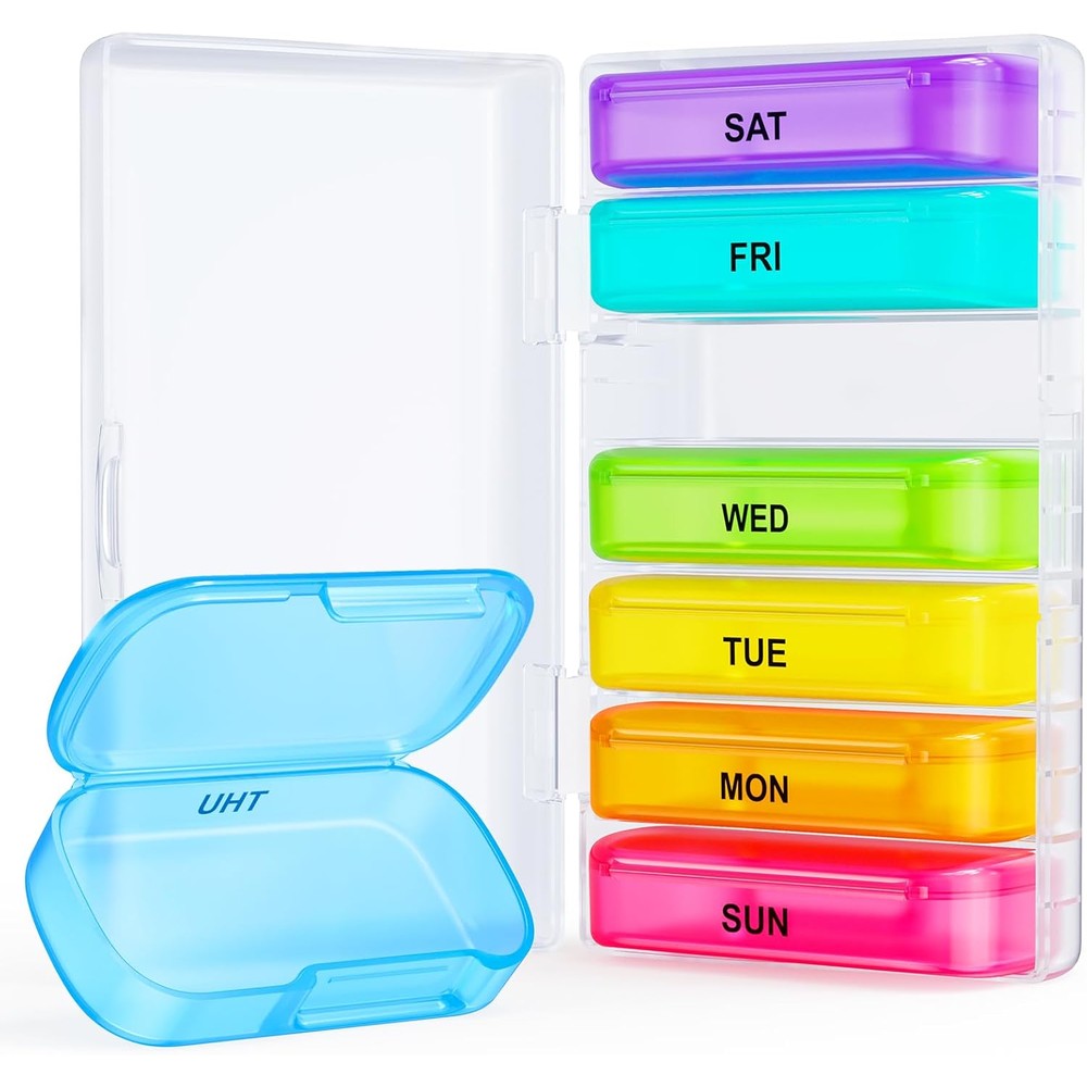 ZIKEE 7 Packs Extra Large Weekly Pill Organizer front view featuring color coded daily compartments inside the clear outer case