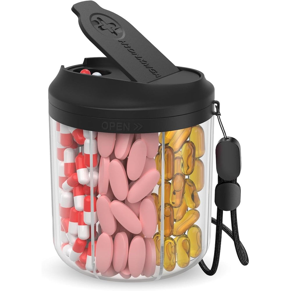 Hionxmga 7 compartment pill bottle organizer front view showing black rotating lid