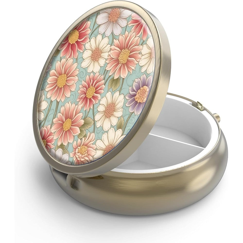 Hion retro floral 3 compartment pill case front view showing antique bronze finish and printed lid