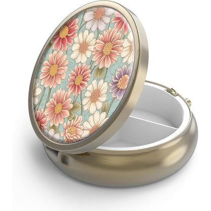 Hion retro floral 3 compartment pill case front view showing antique bronze finish and printed lid