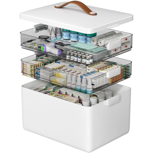 CTIME 3-Tier Medicine Organizer front view showing the sleek white exterior and sturdy closure clasp.