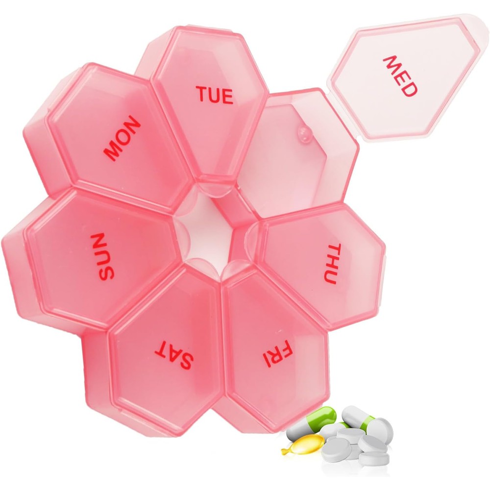 Zuiaso 7-Day Weekly Pill Organizer front view showing the pinkish-red round design and labeled days of the week