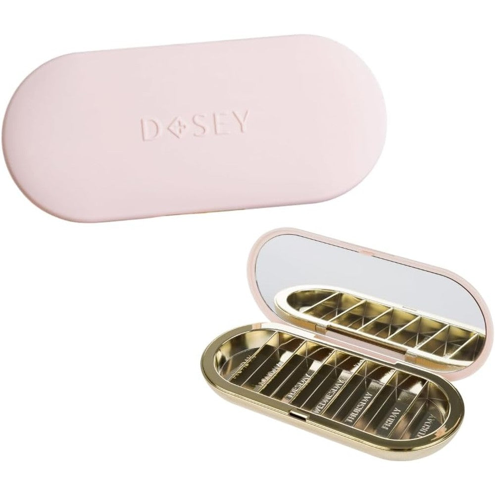 Dosey 7 day pill compact travel organizer front view blush pink premium wellness case