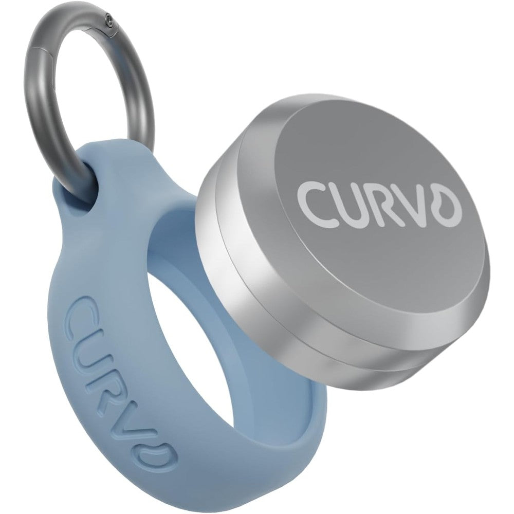 CURVD Premium Carrying Case front view showing the silver aluminum body and blue silicone keychain loop