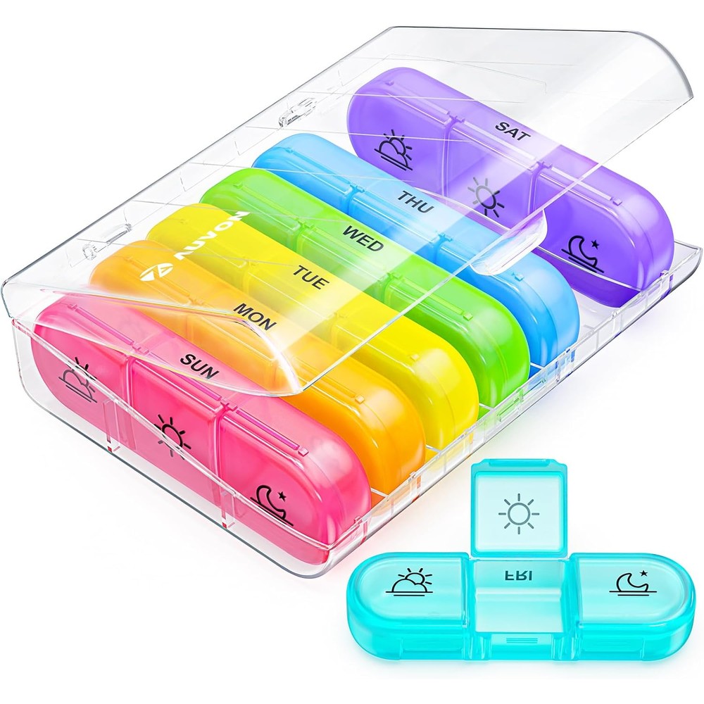 AUVON weekly pill organizer front view showing seven day rainbow compartments.