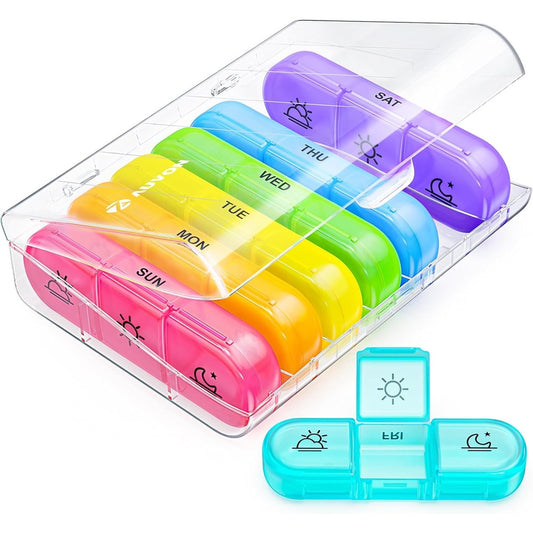 AUVON weekly pill organizer front view showing seven day rainbow compartments.