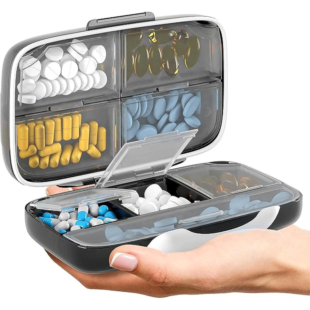 BEXEEN Travel Pill Organizer front view showing the sleek black exterior and robust secure locking latch.