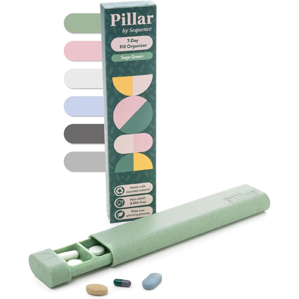 Sequence Pillar 7 Day Pill Organizer in sage green front view showing elegant aesthetic design