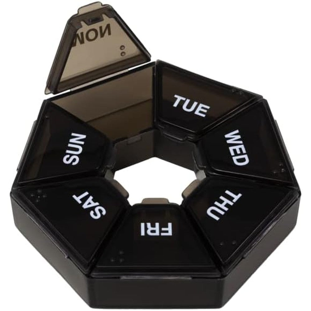 EZY DOSE 7 Day Weekly Pill Organizer front view showing the circular black design with labeled daily compartments.
