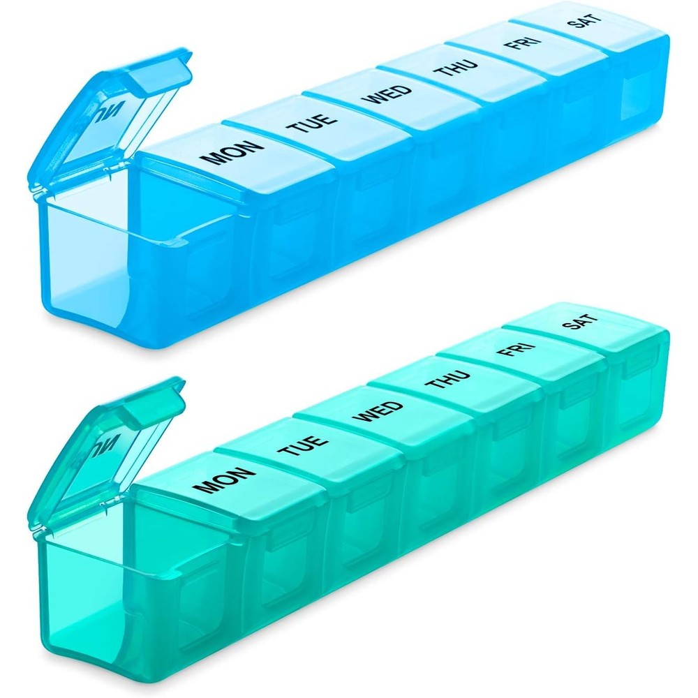 Bug Hull Weekly Pill Organizer Large Two Pack front view showing blue and green cases