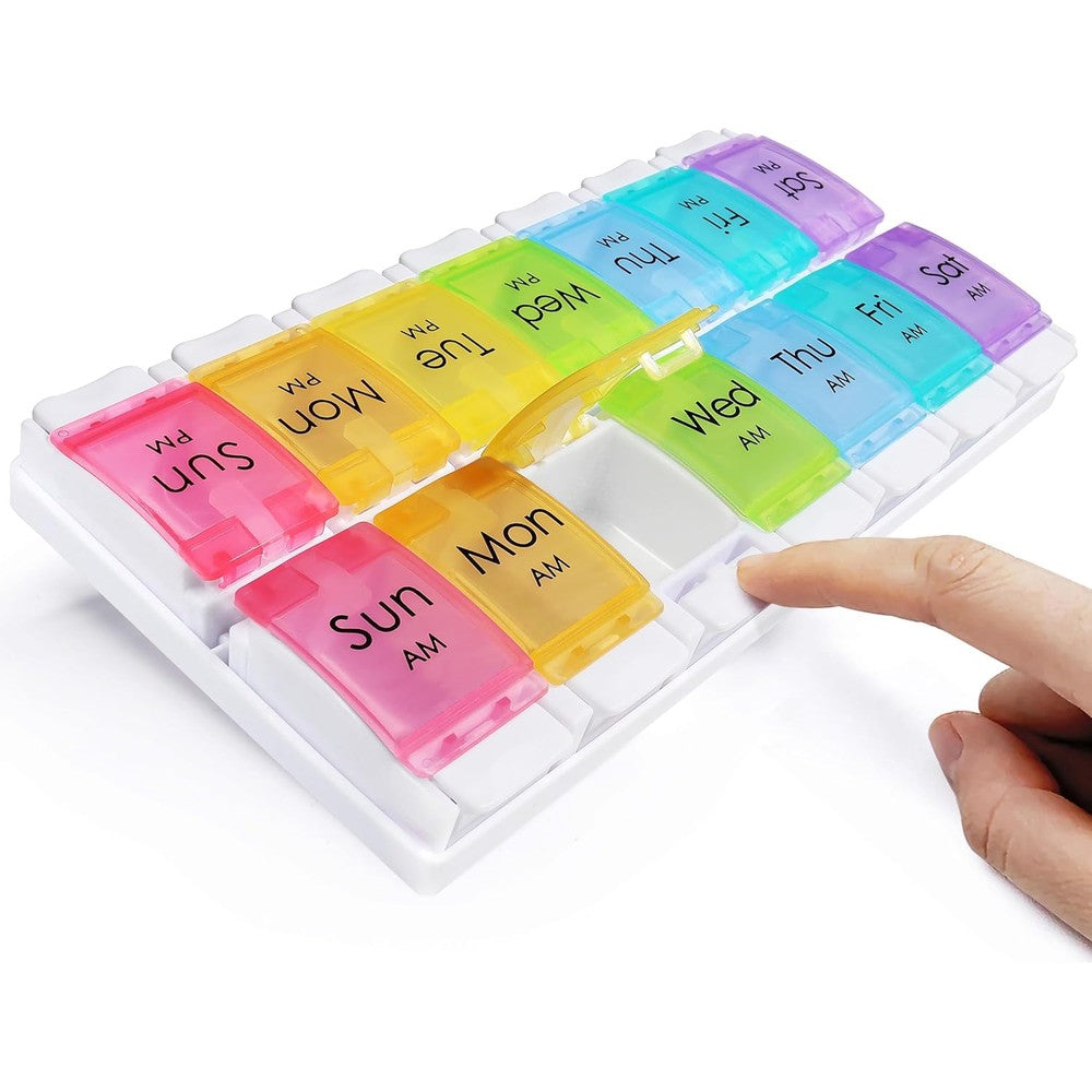 MOLN HYMY large weekly pill organizer front view showcasing 14 colorful rainbow compartments