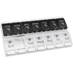 Ezy Dose Push Button 7 Day Pill Case front view showing the 14 large weekly compartments for morning and evening medicine planning.