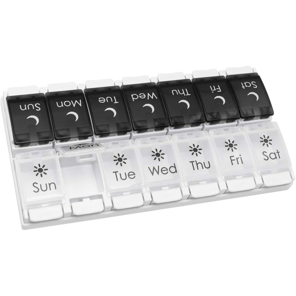 Ezy Dose Push Button 7 Day Pill Case front view showing the 14 large weekly compartments for morning and evening medicine planning.