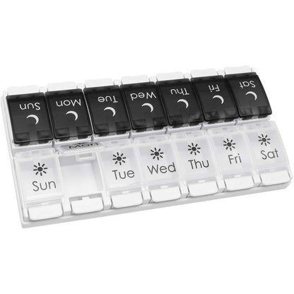 Ezy Dose Push Button 7 Day Pill Case front view showing the 14 large weekly compartments for morning and evening medicine planning.