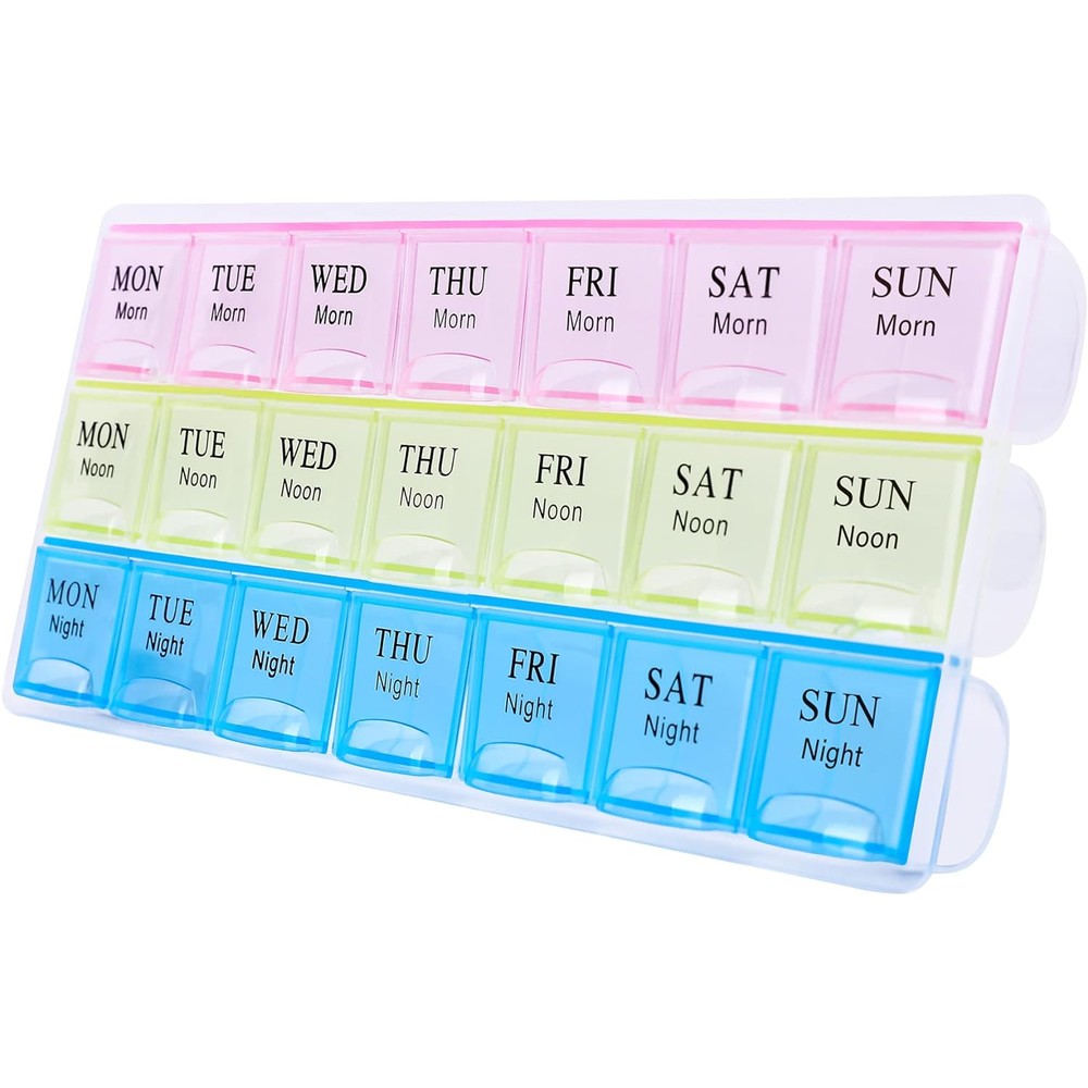 Teikou weekly pill organizer front view showcasing 21 color-coded daily medicine compartments.