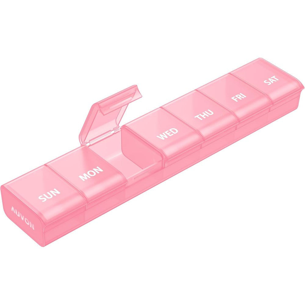 AUVON weekly pill organizer front view showcasing ergonomic translucent pink lids