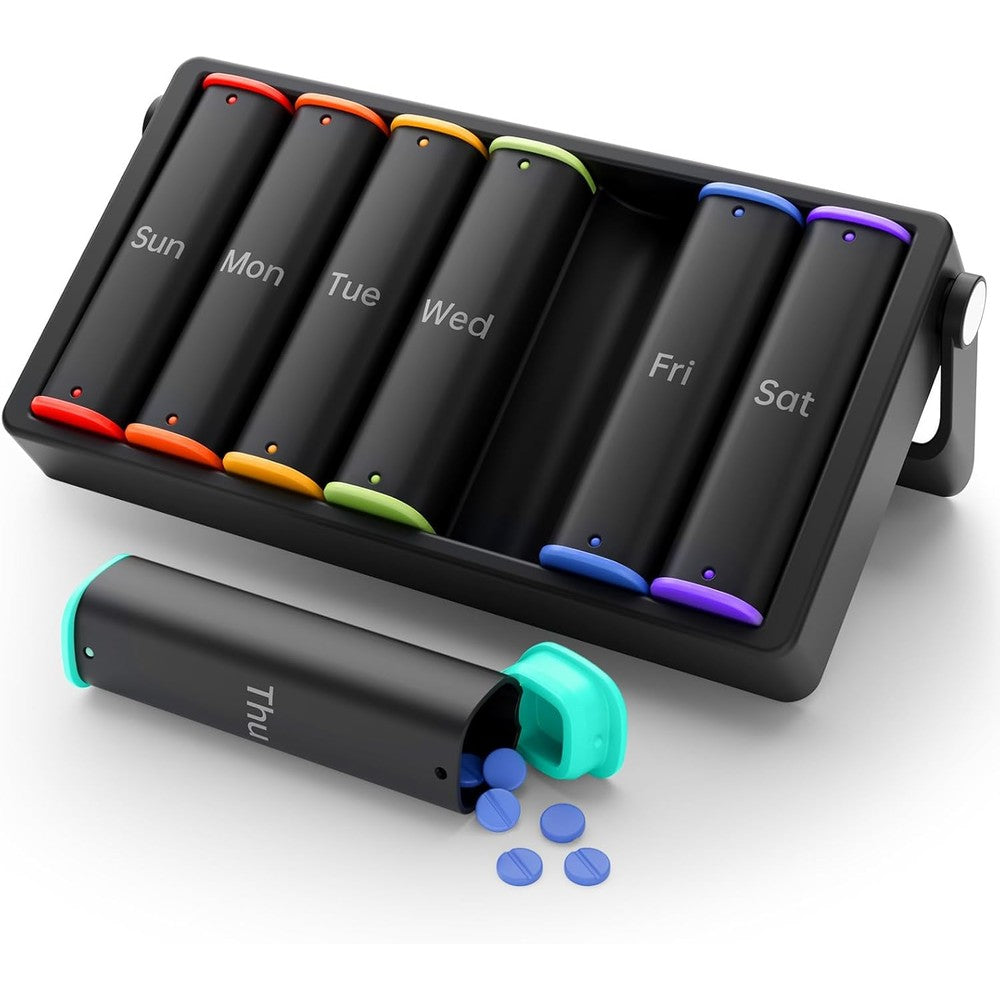 KOVIUU weekly pill organizer front view showing black rotatable case with seven daily compartments.