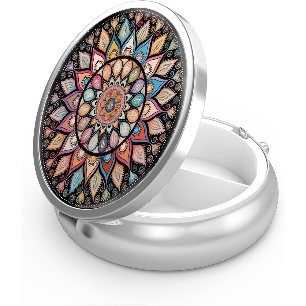 Hion 3 compartment small pill box front view featuring the vibrant colorful mandala design.