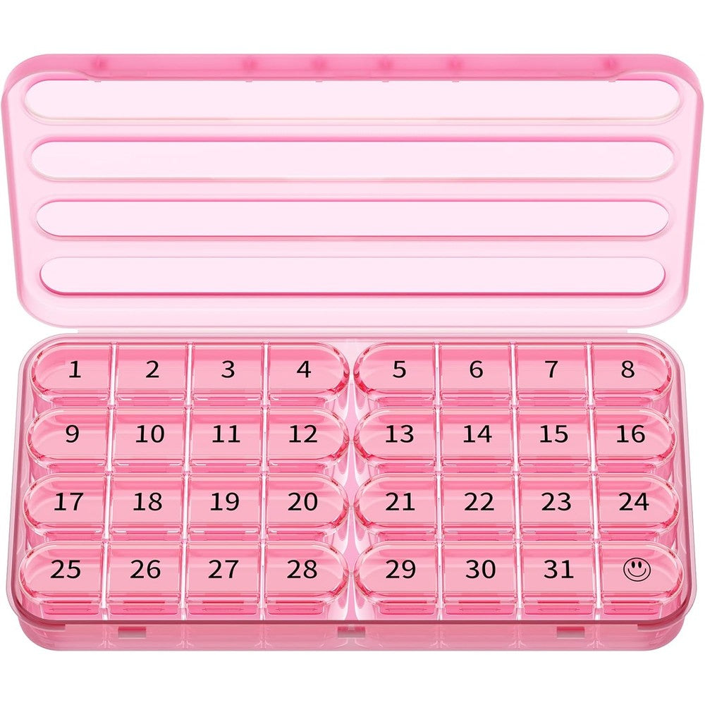 Zoksi monthly pill organizer pink front view showing full thirty one day medication container setup.
