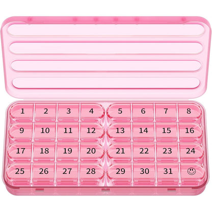Zoksi monthly pill organizer pink front view showing full thirty one day medication container setup.