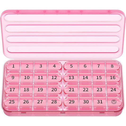 Zoksi monthly pill organizer pink front view showing full thirty one day medication container setup.