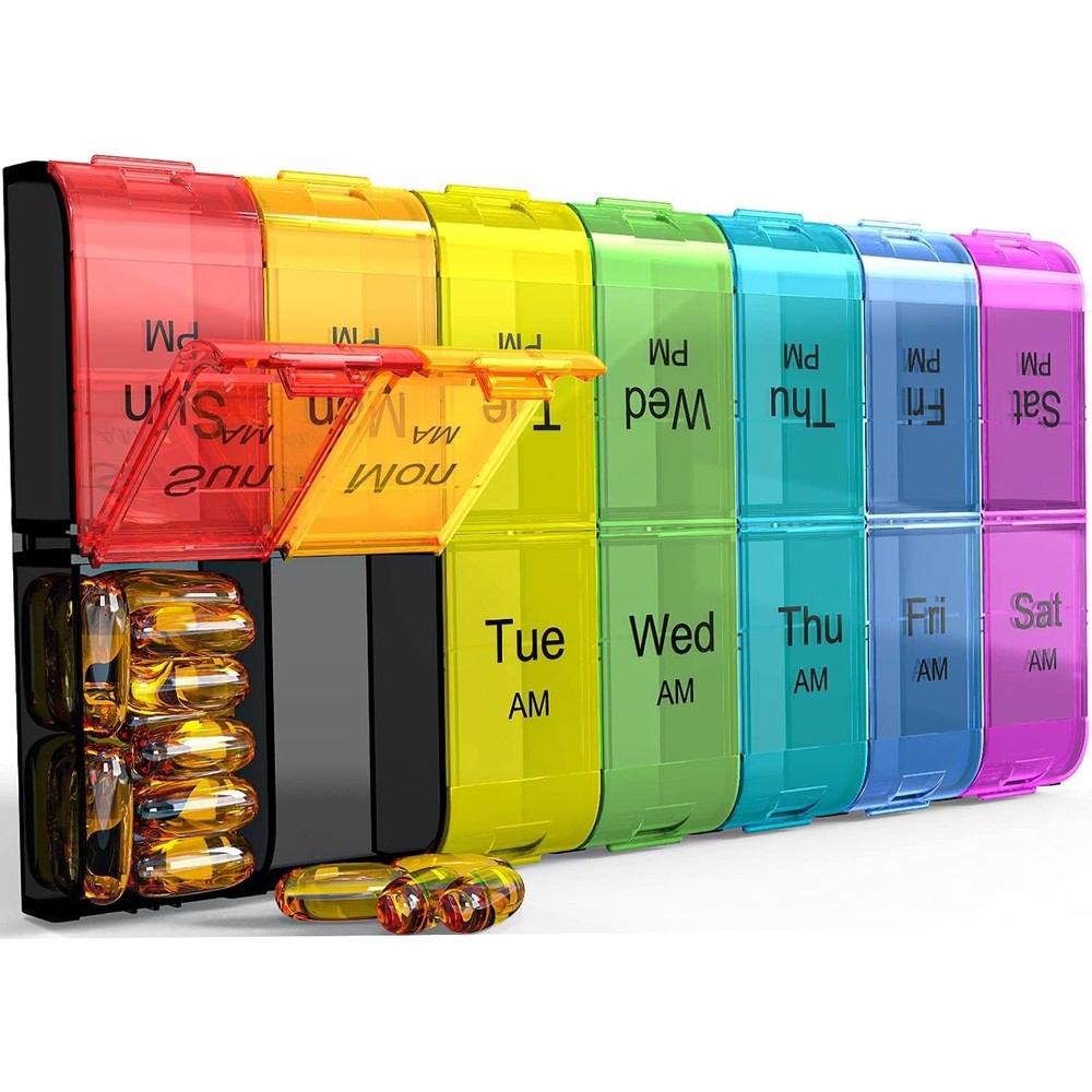 Colorwing extra large weekly pill organizer front view showing rainbow colored morning evening medication compartments.