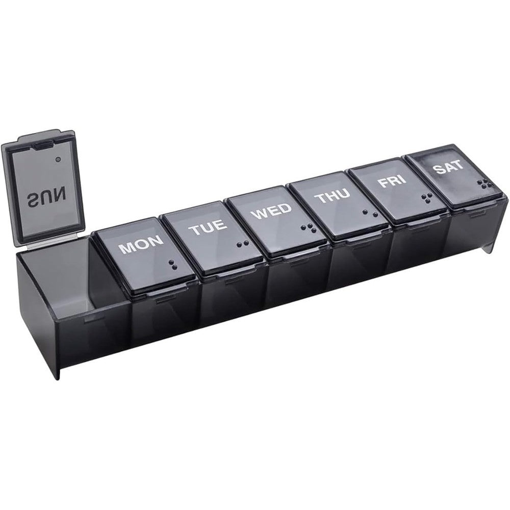 Ezy Dose Weekly 7 Day Daily Pill Case front view showing seven clearly labeled black daily compartments for medicine organization.