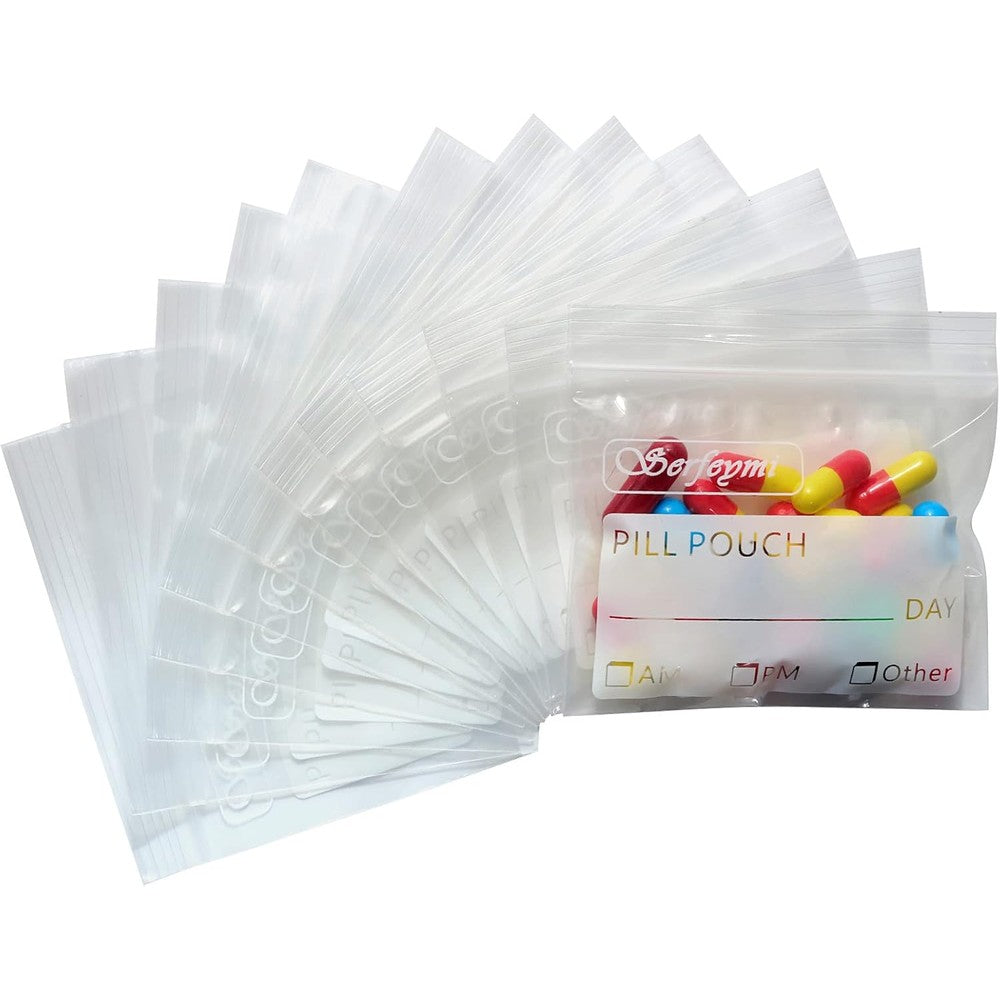 Serfeymi travel pill bags pack of 120 front view showing write on label