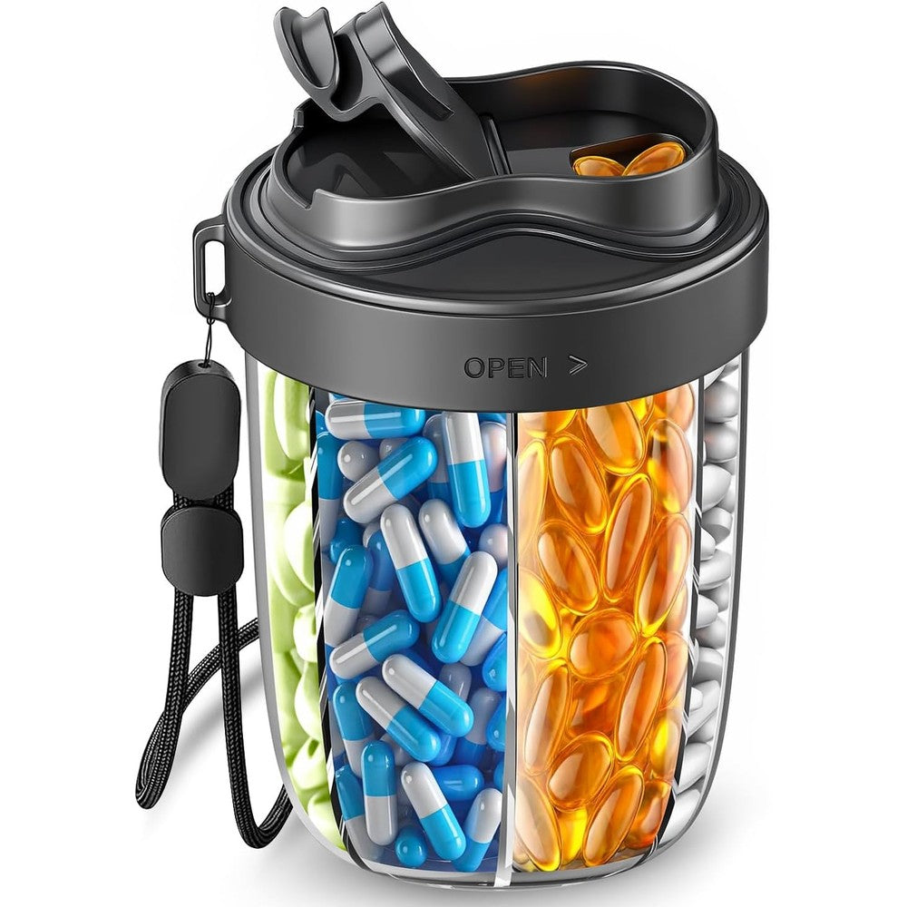 Navikia large pill organizer front view showcasing the modern black sleek cylindrical design.