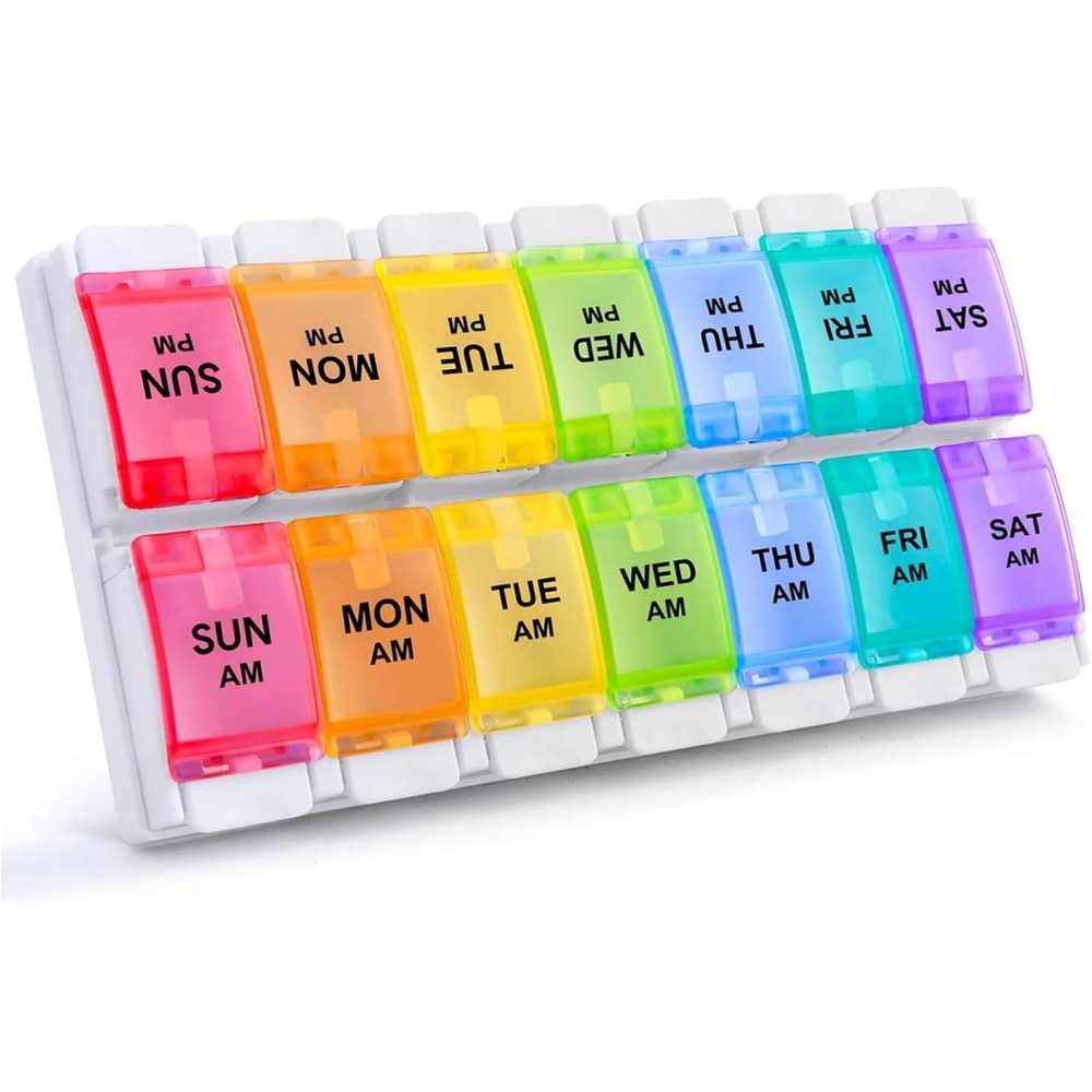 Activ-NRG Sukuos weekly pill organizer front view showing rainbow colored am pm compartments.