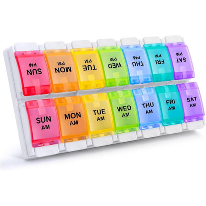 Activ-NRG Sukuos weekly pill organizer front view showing rainbow colored am pm compartments.
