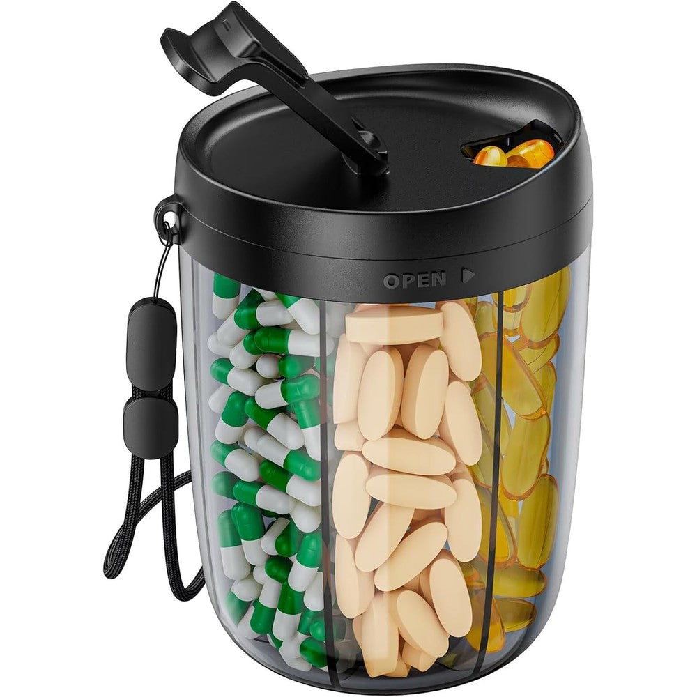 PULIV Large Pill Bottle Organizer front view showing the multi compartment cylindrical design and attached nylon strap handle.