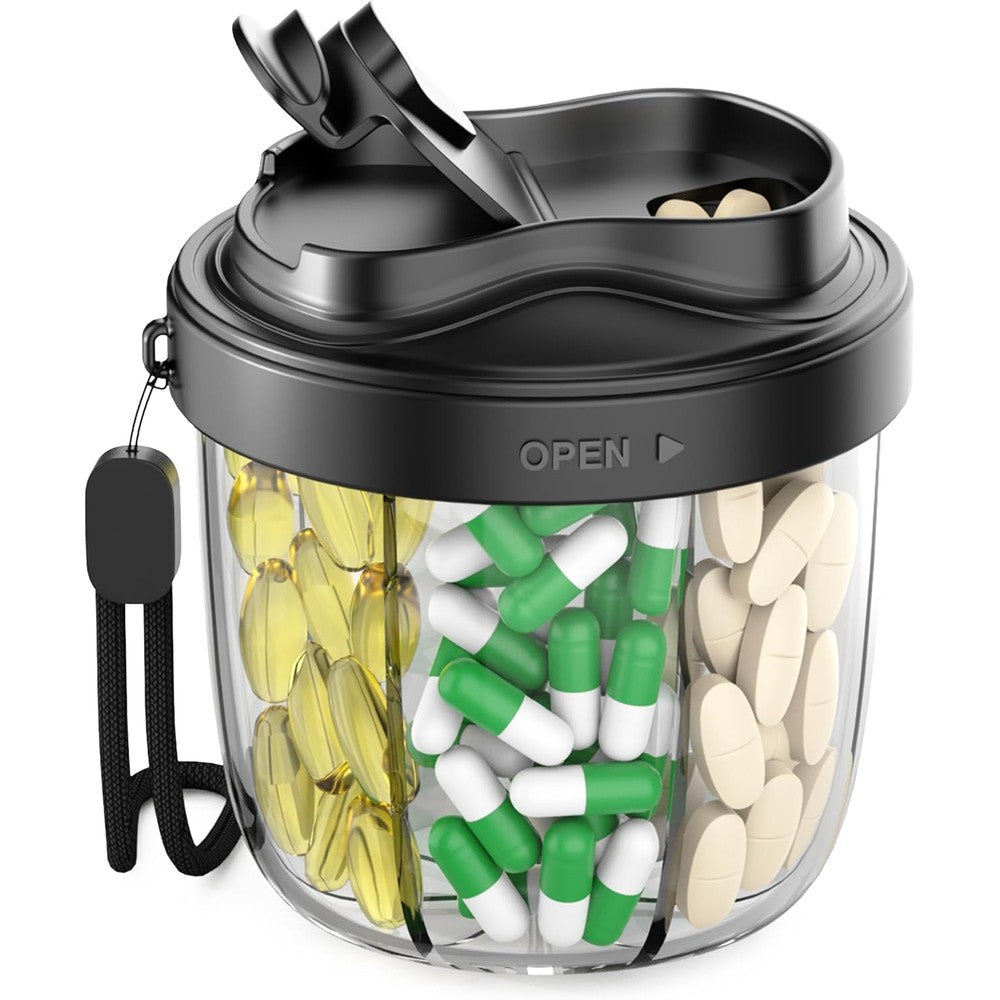 Navikia 7 compartment travel pill organizer front view showcasing sleek black lid design